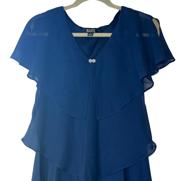 SLNY Navy Blue Ruffle Dress w/ Cap Sleeves & Silver Gemstone Details, Size 8 - Picture 2 of 6